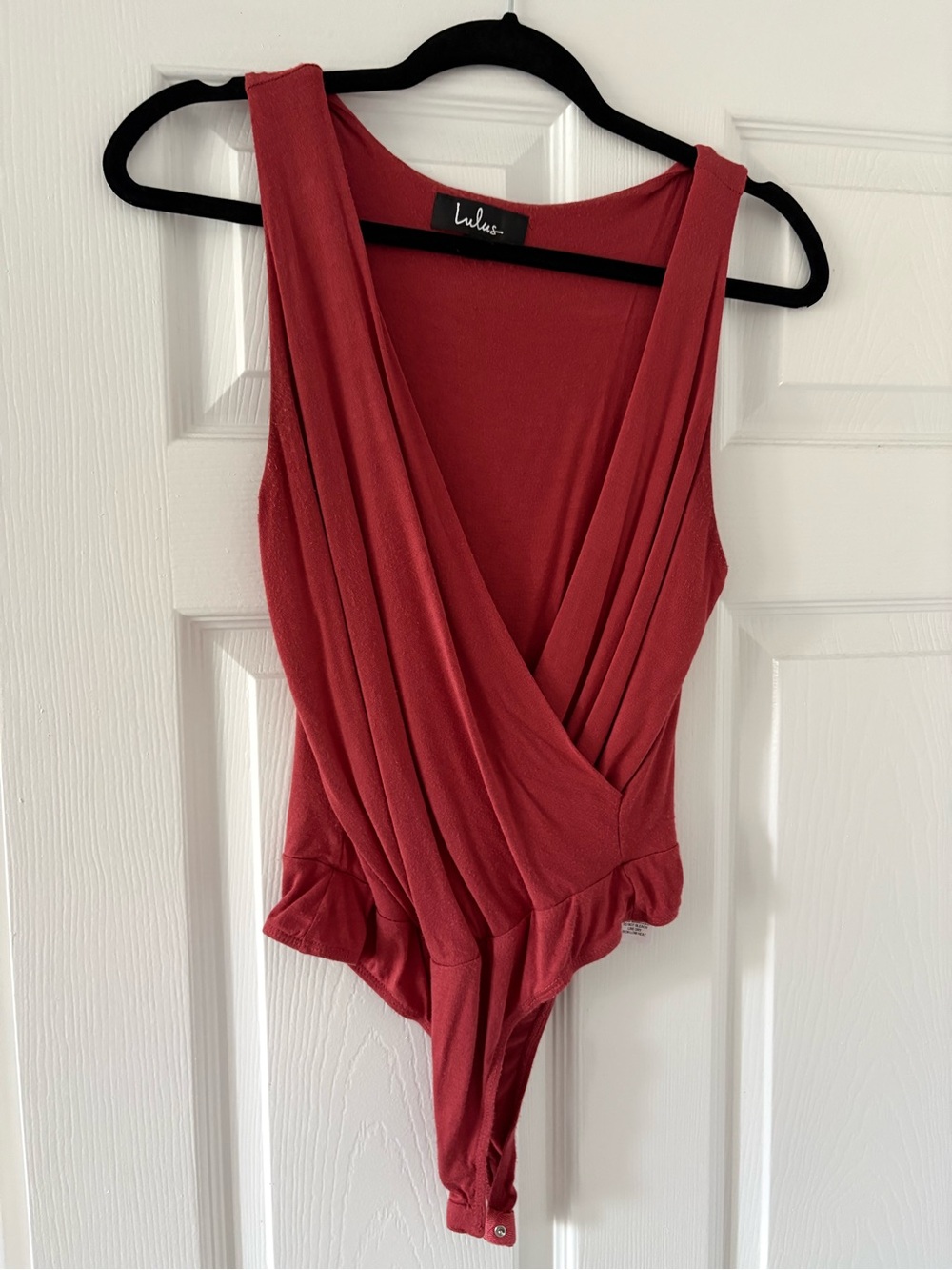 Lulu's Brick Red Draped Surplice Sleeveless Bodysuit